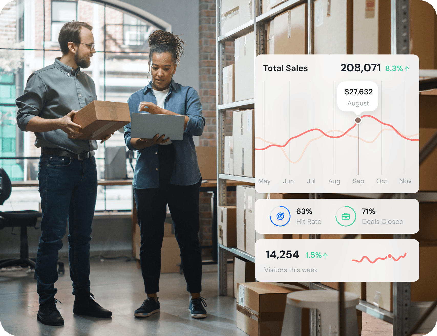 Two people are talking in a warehouse