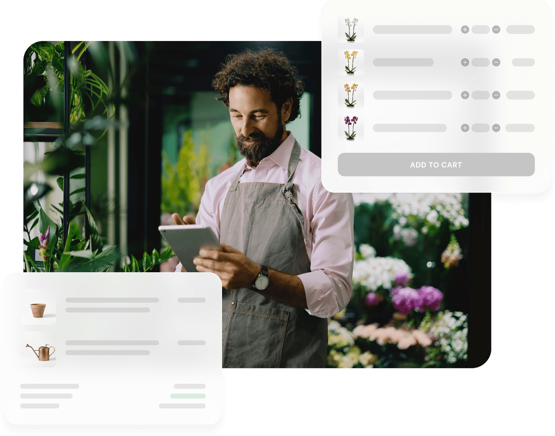 Man in a flowershop looking at a tablet