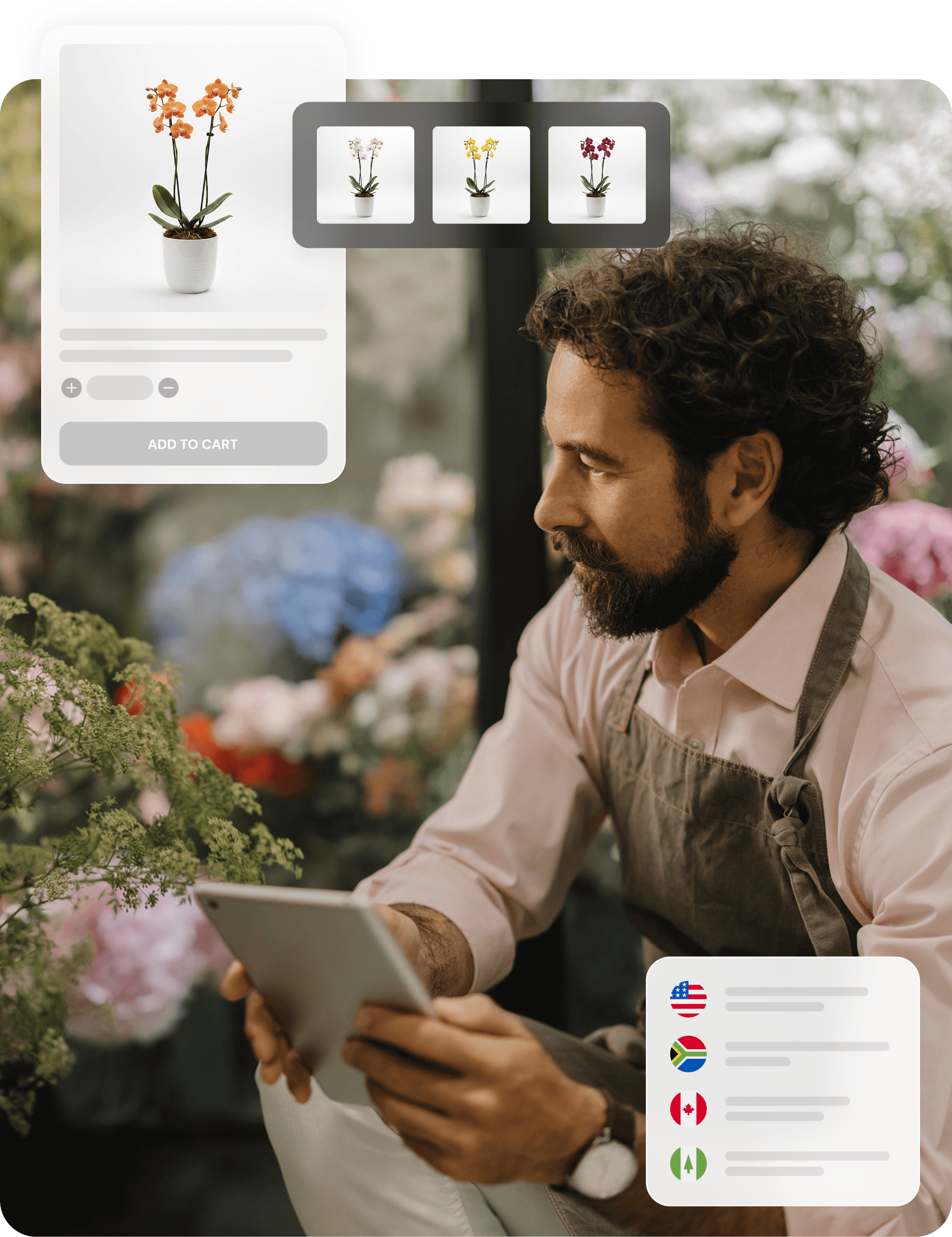 Man holiding a tablet in a flower shop